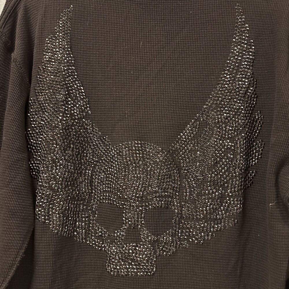 Royal Underground Y2K Thermal Rhinestone SKULL Wings Men’s L Shirt Graphic Biker - Picture 3 of 5